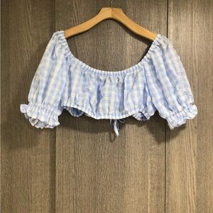 SHEIN Blue & White Gingham Off-Shoulder Crop Top